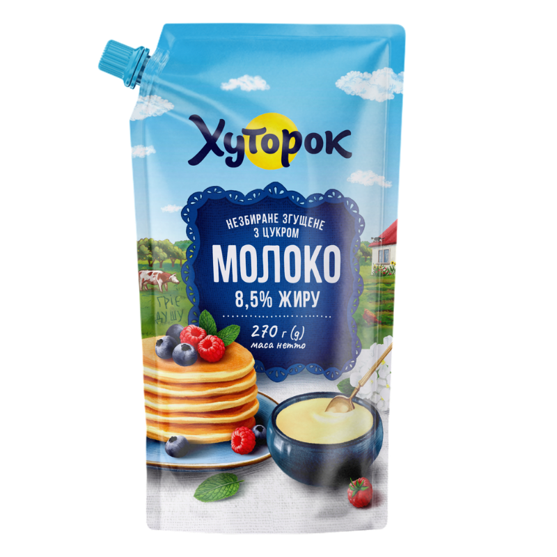 Молоко незбиране згущене з цукром 8,5% жиру ТМ "Хуторок" дой-пак 0,27кг